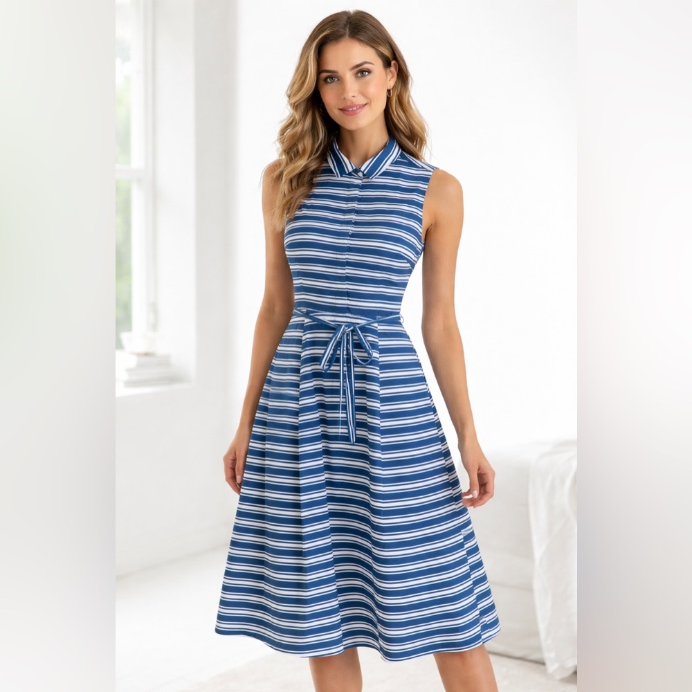 Banana Republic Blue White Striped Midi Shirt Dress Tie Waist 2 Easter